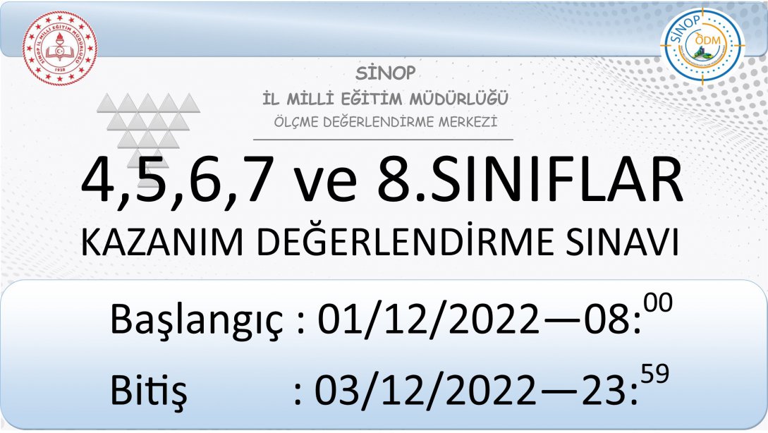 4, 5 , 6 , 7 ve 8. Sınıflar 1. Çevrim İçi Kazanım Değerlendirme Sınavı